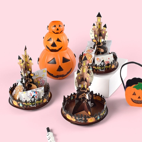 Porte-Bonbons Tour de Château 3D Halloween en Papier Couché Support à Snacks Avec Motifs de Citrouille et Fantôme pour Décoration de Table