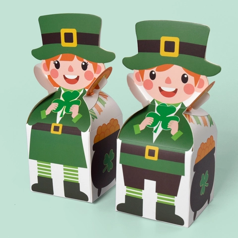 Scatole Regalo Caramelle San Patrizio Motivo Cartone Animato Leprechaun Trifoglio Pentola D'oro Design Cartone Verde Festa Decorativa