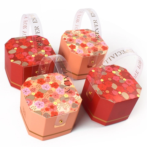 Scatola di Caramelle per Matrimonio Ottagonale in Stile Cinese Con Manico Trasparente Motivo Floreale Rosso Rosa per Festa