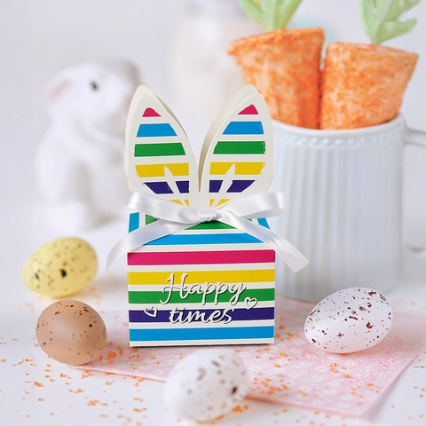 Regenbogen Gestreifte Hasenohr Geschenkboxen Karton Süßigkeiten Verpackung Mit Weißer Schleife Faltbar Partygeschenke