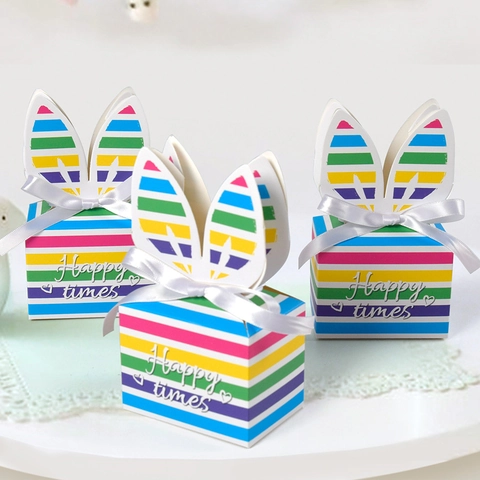 Regenbogen Gestreifte Hasenohr Geschenkboxen Karton Süßigkeiten Verpackung Mit Weißer Schleife Faltbar Partygeschenke