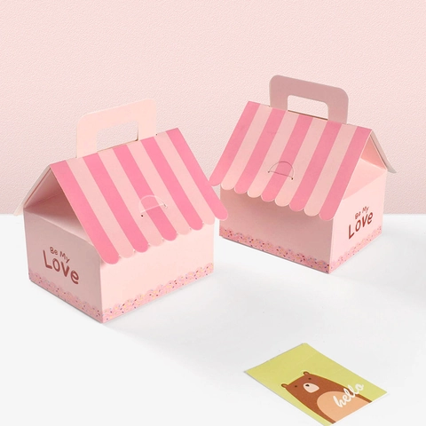 Boîte à Bonbons en Forme de Maison Rose Avec Toit Rayé Boîte Cadeau en Carton Blanc pour Mariage Anniversaire Saint-Valentin