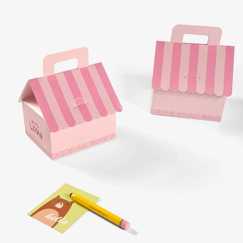 Boîte à Bonbons en Forme de Maison Rose Avec Toit Rayé Boîte Cadeau en Carton Blanc pour Mariage Anniversaire Saint-Valentin