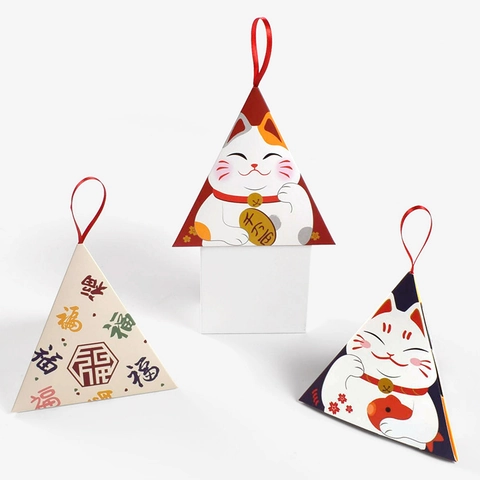 Dreieckspyramide Geschenkbox Mit Band Glückskatze Kalligraphie Muster Süßigkeiten Verpackung Für Hochzeit Party Gastgeschenk Karton Etui