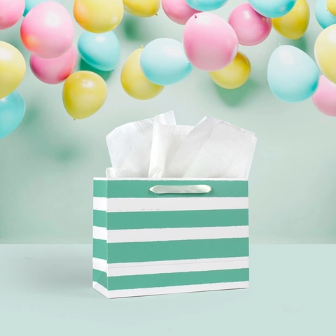 Bolsa de Regalo de Papel con Rayas Horizontales Verde Menta y Blanco con Asa de Cinta de Satén para Fiesta Boda Compras Embalaje