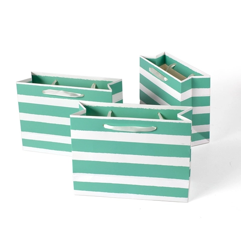 Horizontal Striped Paper Gift Bag Mint Green White Cardboard Bag With Satin Ribbon Handle For Birthday Party Wedding Souvenir
