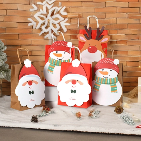Sacchetti Regalo Fai da Te di Natale in Carta Kraft Babbo Natale Pupazzo di Neve Renna Con Manici Confezioni per Caramelle