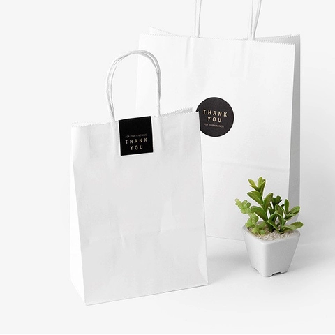 White Kraft Paper Gift Bag With Twisted Handle And Thank You Sticker Solid Color Portable Shopping Packaging Bag