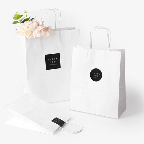 White Kraft Paper Gift Bag With Twisted Handle And Thank You Sticker Solid Color Portable Shopping Packaging Bag