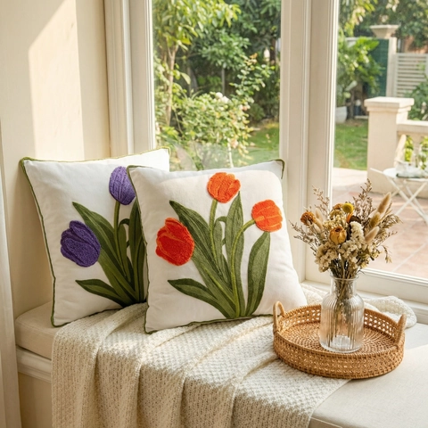 Floral Embroidery Cushion Cover Cotton Linen Tufted Chenille Tulip Sunflower Bird Sofa Decor Square Case Nordic Style