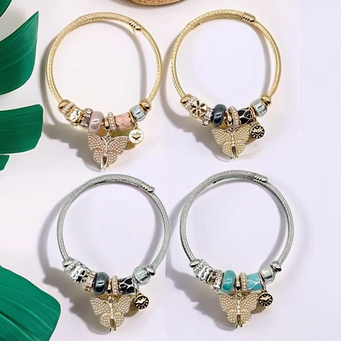 Fashion Stainless Steel Butterfly Heart Beaded Bracelet With Rhinestone Artificial Pearl Charms For Women Open Adjustable Bangle Jewelry