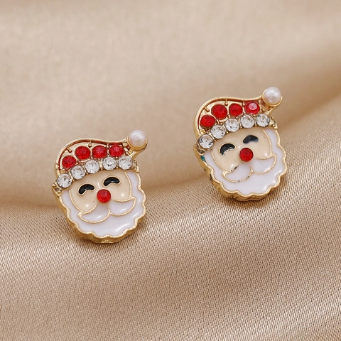 Christmas Cartoon Santa Claus Reindeer Girl Alloy Stud Earrings Gold Plated Enamel Rhinestone Faux Artificial Pearl Festive Jewelry Gift For Women
