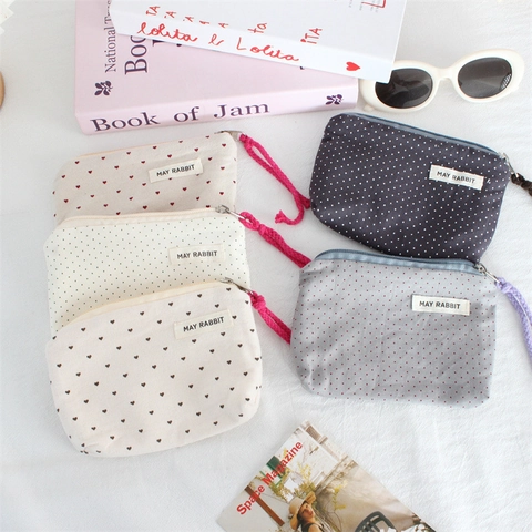 Canvas Coin Purse Polka Dot Heart Print Zipper Portable Mini Cloth Storage Bag For Daily Use