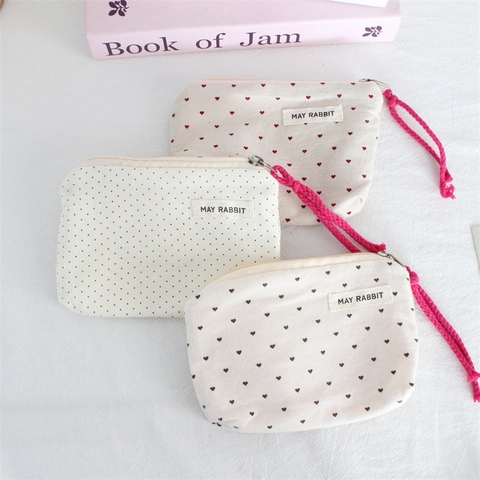 Canvas Coin Purse Polka Dot Heart Print Zipper Portable Mini Cloth Storage Bag For Daily Use
