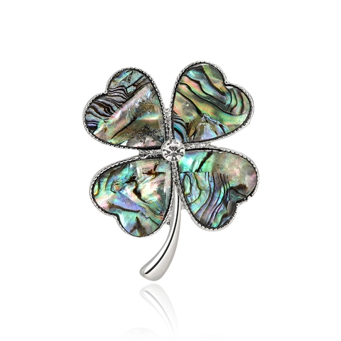 Elegante Broche De Trébol De Cuatro Hojas Con Concha De Abulón Natural Y Circón Alfiler De Flor De Aleación