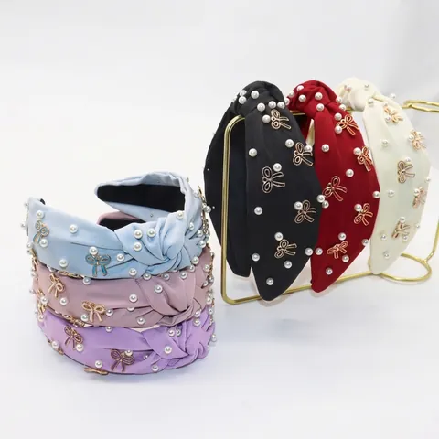 Diadema Ancha Con Nudo Para Mujer Tela Perla Artificial Lazo Ornamento Vintage Dulce Accesorio Para El Cabello Elegante Tocado Diario