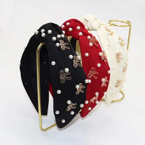 Diadema Ancha Con Nudo Para Mujer Tela Perla Artificial Lazo Ornamento Vintage Dulce Accesorio Para El Cabello Elegante Tocado Diario