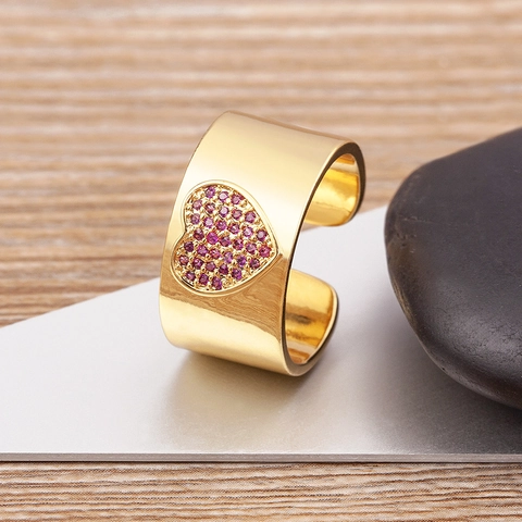 18K Gold Plated Copper Heart Shaped Open Adjustable Ring For Women Purple Cubic Zirconia Inlaid Wide Band Fashion Jewelry Finger Ring Gift