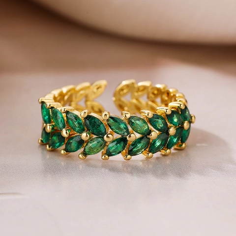 Marquise Schliff Zirkon Weizenähre Offener Ring Kupfer Echt Vergoldet Verstellbar Geometrischer Blatt Fingerschmuck