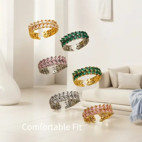 Marquise Schliff Zirkon Weizenähre Offener Ring Kupfer Echt Vergoldet Verstellbar Geometrischer Blatt Fingerschmuck