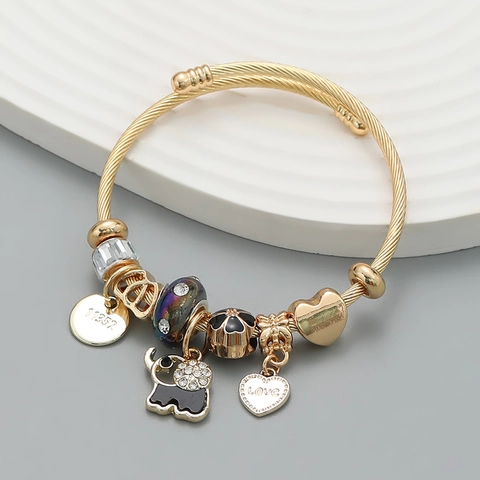 Pulsera de Cable con Dije de Elefante para Mujer Baño de Oro Aleación Corazón Love Colgantes de Elefante Strass Esmalte Joyería