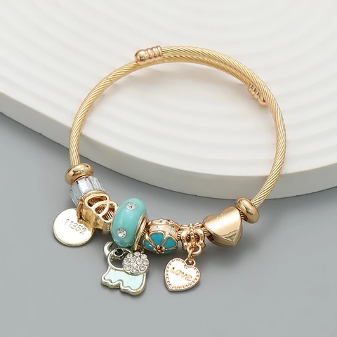 Pulsera de Cable con Dije de Elefante para Mujer Baño de Oro Aleación Corazón Love Colgantes de Elefante Strass Esmalte Joyería