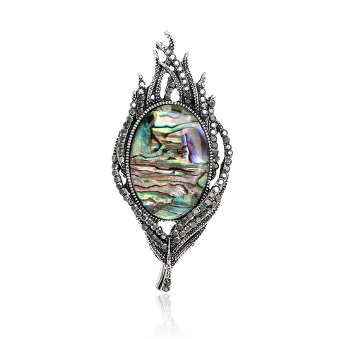 Broche De Pluma Vintage Concha De Abulón Natural Aleación Diamantes De Imitación Joyería De Hoja Para Mujeres