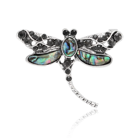 Broche De Libélula Vintage Aleación Con Concha De Abulón Natural Y Diamantes De Imitación Negros Joyería Para Mujeres