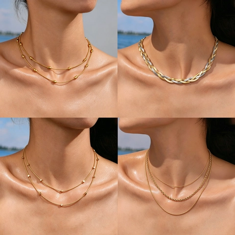 Layered Necklace Stainless Steel Gold PVD Plated Herringbone Snake Box Chain Minimalist Jewelry For Women