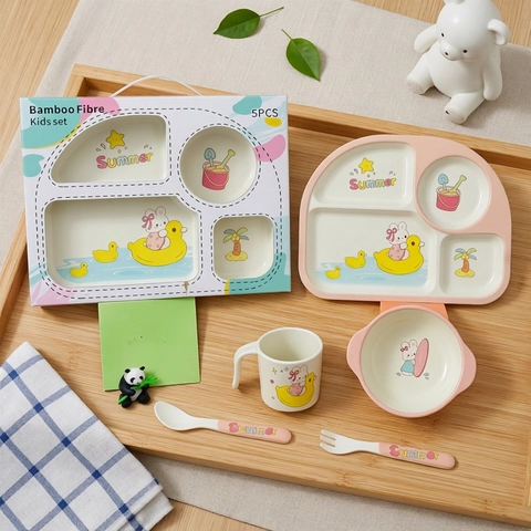 Kids Dinnerware Bamboo Fiber Eco-Friendly Cartoon Pattern Divided Plate Bowl Cup Spoon And Fork Toddler Training Tableware