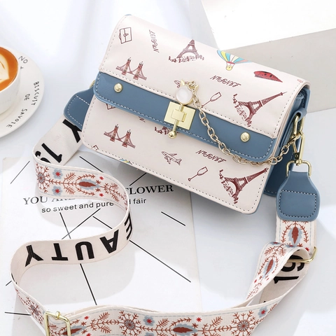 Dames Casual PU-Leder Kleine Vierkante Tas Eiffeltoren Reisprint Crossbodytas Met Metalen Ketting En Verstelbare Band