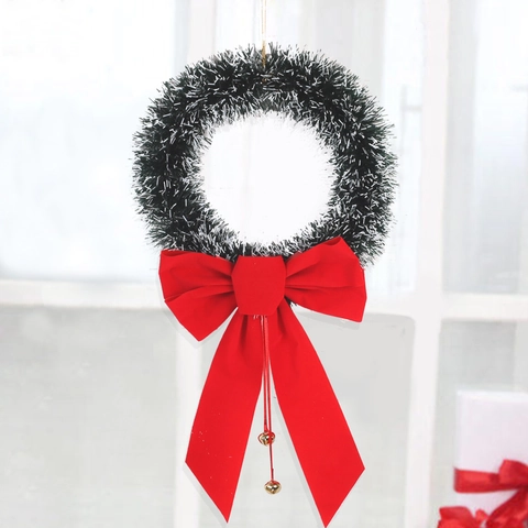 Hand-Woven Christmas Wreath With Large Red Bowknot And Gold Bells Artificial Green Tinsel Holiday Garland For Door Wall Home Party Decoration