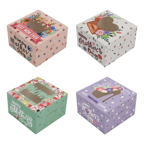 Cajas de Regalo para Galletas de Cartón Cuadrado Con Ventana Transparente Floral Happy Mother's Day Cajas para Dulces Patrones Surtidos Para Panadería Caramelos Fiesta