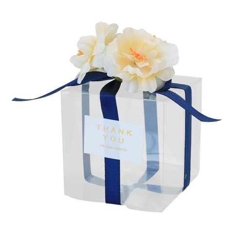 Clear PET Transparent Square Cake Box With Satin Ribbon Artificial Flower Decor Thank You Sticker For Wedding Party Gift Box