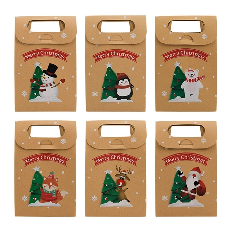Christmas Kraft Paper Gift Boxes With Handle Santa Reindeer Snowman Pattern For Festive Holiday Party Favors Candy Treat