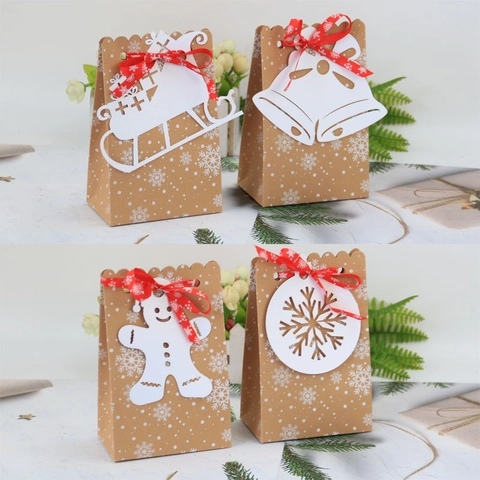 Bolsas de Regalo de Papel Kraft de Navidad Con Patrones de Copos de Nieve Cintas Rojas Etiquetas Blancas Para Dulces Galletas