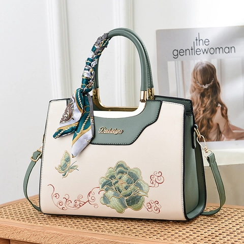 Donne Grande Capacità Borsa a Mano Vintage Ricamata Floreale Pelle PU Borsa a Tracolla Elegante Borsa Tote con Manico Superiore