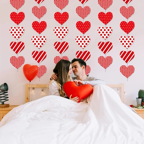 Valentine's Day Heart Garland Hanging Decorations Paper Heart String Banner For Wedding Party Room Wall Decor Red White