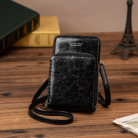 Sac pour Téléphone en Cuir PU Rétro Gauffré Double Fermeture Éclair Sac Bandoulière Multifonctionnel Avec Bandoulière Long Portefeuille