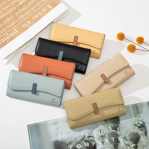 Womens Long Wallet PU Leather Foldable Clutch Handbag Solid Color Floral Decor Card Holder Various Slots Organizer Elegant Fashion