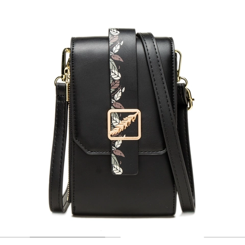 Women PU Leather Cellphone Crossbody Bag With Leaf Pattern Print And Gold Buckle Multi-layer Vertical Small Shoulder Bag