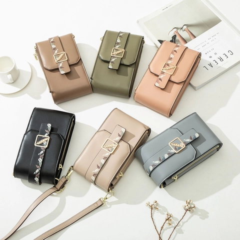 Women's Mini Mobile Phone Crossbody Bag PU Leather Vertical Square With Leaf Print And Metal Buckle Fresh Style