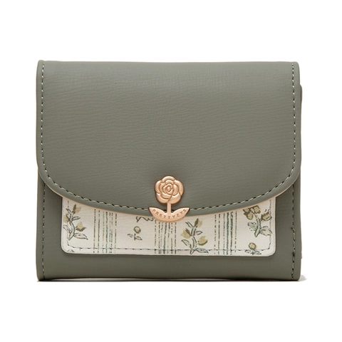 Portefeuille Femme Plié En Trois Cuir PU Imprimé Floral Boucle Métal Rose Multi Emplacements Cartes Pochette Élégante Dame