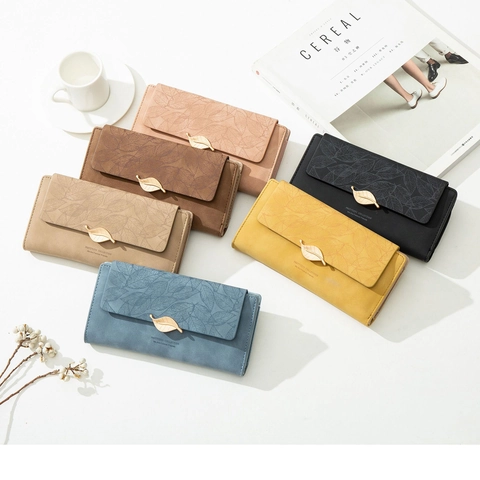 Damen Lange Geldbörse Mattiertes PU Leder Blatt Schnalle Viele Kartenfächer Geprägtes Muster Clutch Elegant