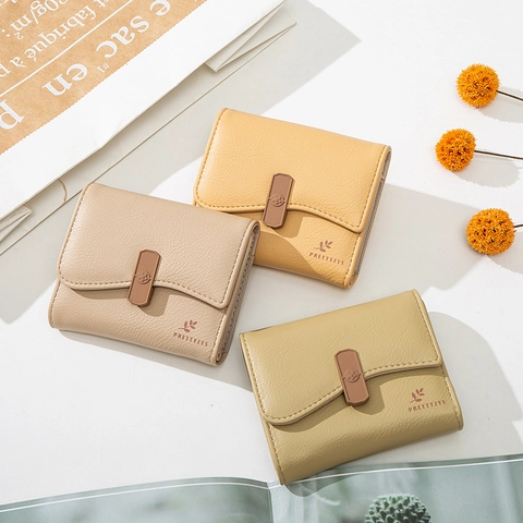 Cartera Corta Mujer Cuero PU Patrón Lichi Trifold Solapa Ondulada Hebilla Flor Ranuras Multi Tarjetas Bolso Pequeño