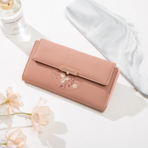 Elegante Portafoglio Lungo da Donna in Pelle PU Pieghevole Stampa Floreale Con Fibbia in Metallo Ciondolo a Foglia Pochette