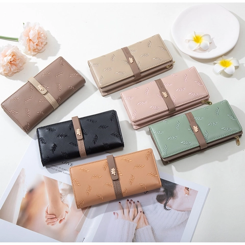 Portafoglio Lungo da Donna in Pelle PU Con Ricamo a Foglia Elegante Porta Carte Bifold Con Chiusura a Foglia di Metallo