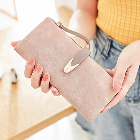 Damen Lange Brieftasche PU Leder Matt Wildleder Textur Handgelenkschlaufe Clutch Minimalistische Große Kapazität Kartenhalter