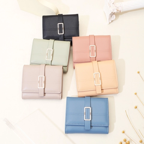 Women Short Tri-fold PU Leather Wallet Rectangular Metal Buckle Multi Card Slots Zipper Coin Pocket Minimalist Purse