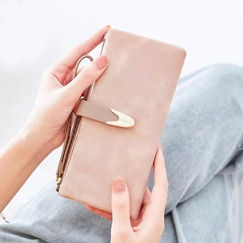 Damen Lange Brieftasche PU Leder Matt Wildleder Textur Handgelenkschlaufe Clutch Minimalistische Große Kapazität Kartenhalter